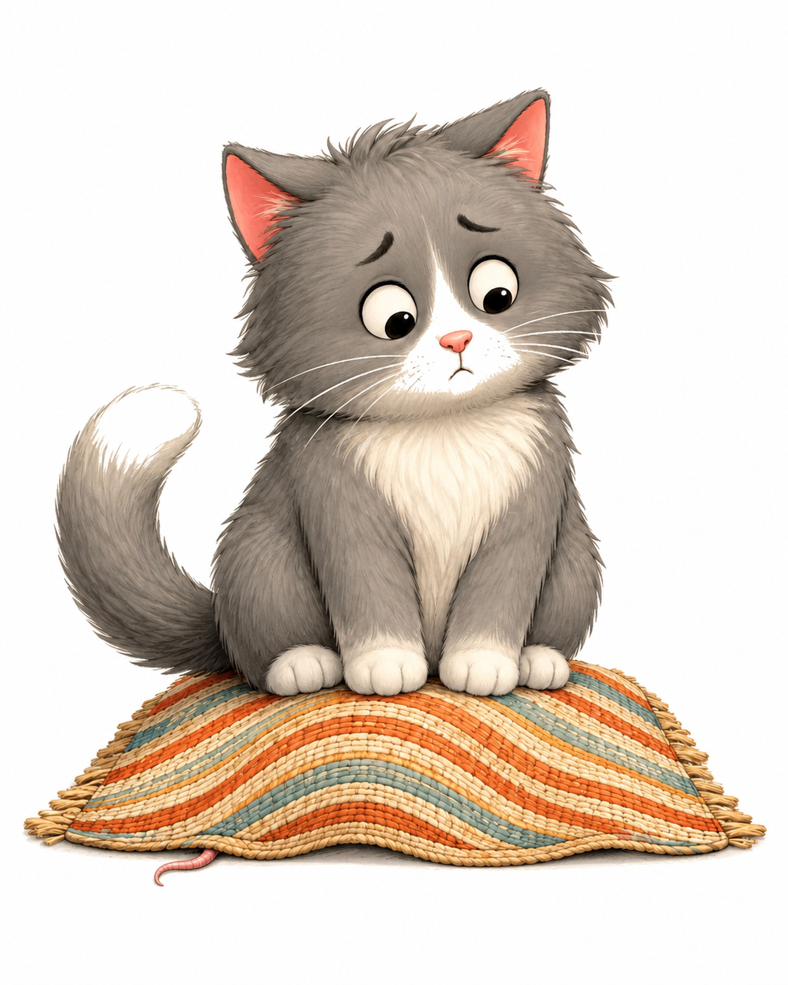 A worried grey cat sitting on a mat with only a rat’s tail peeking out from underneath
